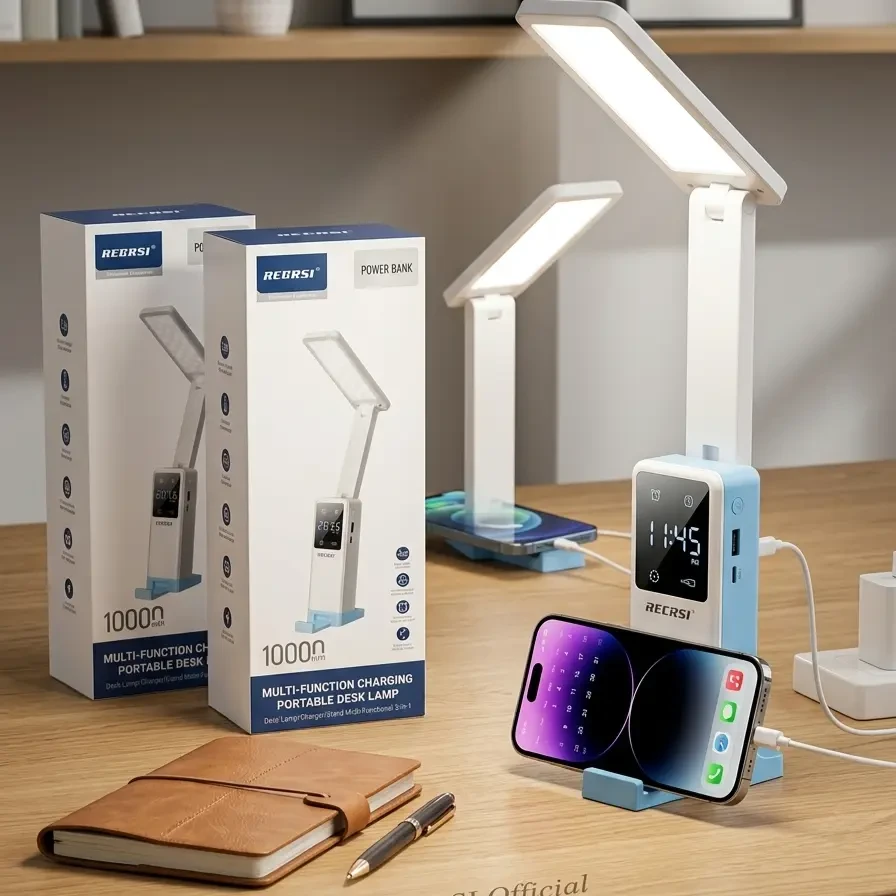 RECRSI 3-in-1 Smart Foldable Desk Lamp with LED Clock & 10000mAh Built-in Power Bank