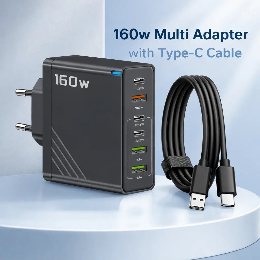 160W 6-Port Multi Adapter Fast Charger with Type-C Cable Combo